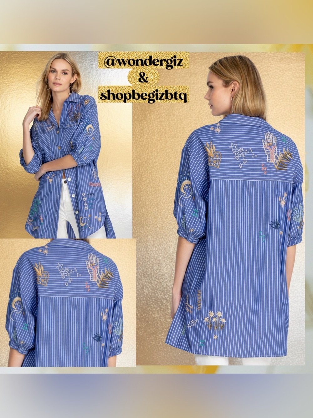 Johnny Was Sezane Weekend Oversized Blue Striped Embroidered Tunic Size Large - Picture 4 of 9
